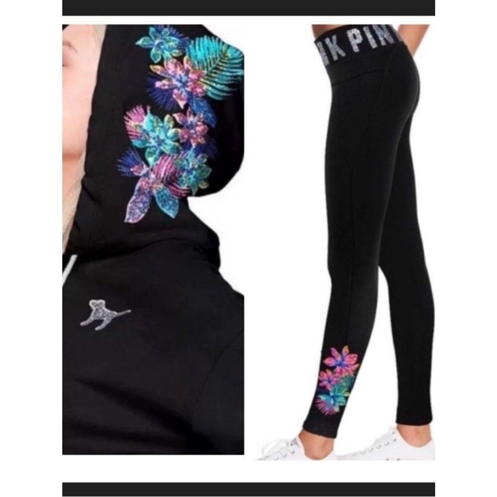 PINK VS HTF HIBISCUS TROPICAL BLING HOODIE/ YOGA LEGGINGS OUTFIT MEDIUM